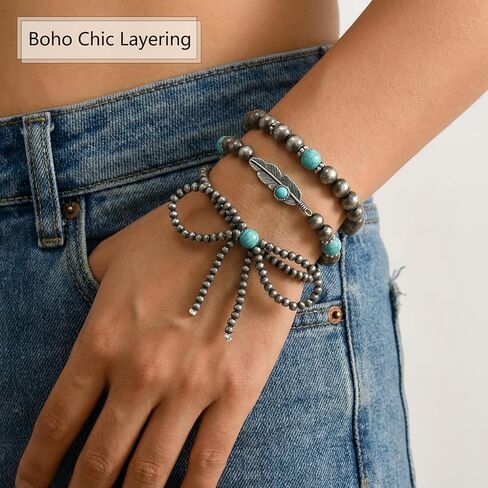 Vintage Navajo Pearl Bracelet For Women, Layered Silver Beaded Bow Chain. Handmade Boho Western Jewelry, Long Stackable Cowgirl Fashion Accessories Gift in Saudi Arabia