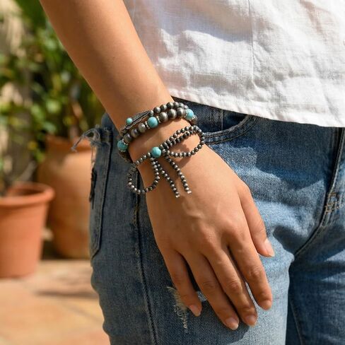 Vintage Navajo Pearl Bracelet For Women, Layered Silver Beaded Bow Chain. Handmade Boho Western Jewelry, Long Stackable Cowgirl Fashion Accessories Gift in Saudi Arabia
