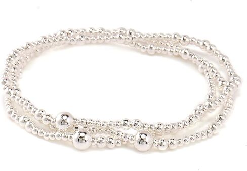 Silver Beaded Stretch Bracelet Set, 3PCS Stainless Steel Layered Ball Jewelry for Women in Saudi Arabia