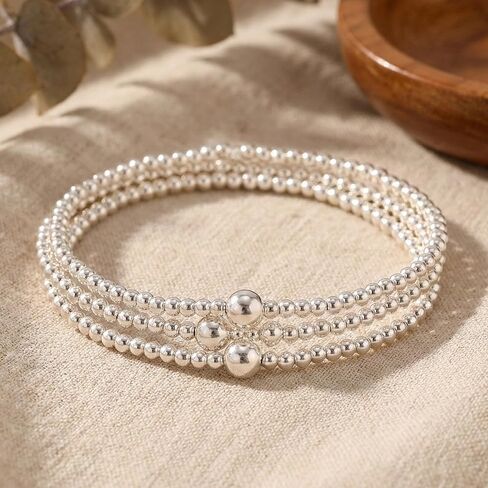 Silver Beaded Stretch Bracelet Set, 3PCS Stainless Steel Layered Ball Jewelry for Women in Saudi Arabia