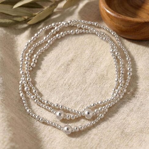 Silver Beaded Stretch Bracelet Set, 3PCS Stainless Steel Layered Ball Jewelry for Women in Saudi Arabia