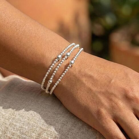 Silver Beaded Stretch Bracelet Set, 3PCS Stainless Steel Layered Ball Jewelry for Women in Saudi Arabia