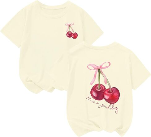 BINTEHGS Girls Cute Graphic Tees Kids Bow Cherry Shirt Aesthetic Short Sleeve T Shirts Casual Summer Crew Neck Top Clothes in Saudi Arabia