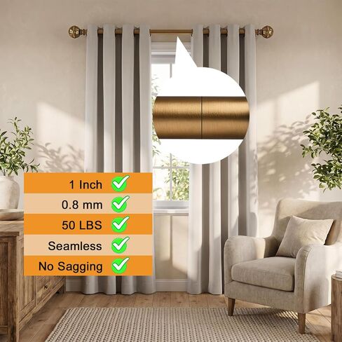 Brass Curtain Rods 18"-88",1 Inch Adjustable Decorative Curtain Rod | Heavy Duty Window Curtains Rod for Bedroom Living Room in Saudi Arabia