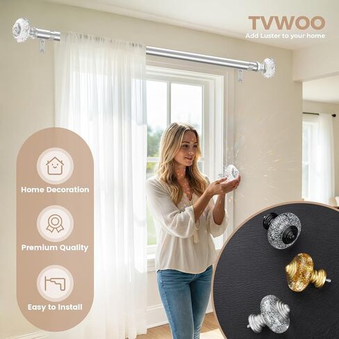 TVWOO Silver Curtain Rods for Windows:1Inch Adjustable Heavy Duty Curtain Rod 36-88",Modern Crystal Decorative Drapery Rods for Bedroom/Living Room,Antique Silver Single Rod Set with Bling Foil Finial in Saudi Arabia