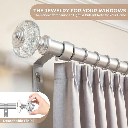 TVWOO Silver Curtain Rods for Windows:1Inch Adjustable Heavy Duty Curtain Rod 36-88",Modern Crystal Decorative Drapery Rods for Bedroom/Living Room,Antique Silver Single Rod Set with Bling Foil Finial in Saudi Arabia