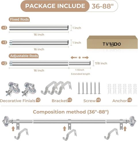 TVWOO Silver Curtain Rods for Windows:1Inch Adjustable Heavy Duty Curtain Rod 36-88",Modern Crystal Decorative Drapery Rods for Bedroom/Living Room,Antique Silver Single Rod Set with Bling Foil Finial in Saudi Arabia