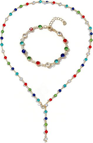 2Pcs Gold Plated Colorful Boho Rhinestone Gemstone Body Chain Jewelry Set for Women, Adjustable Y Necklace for Layering, Lightweight Statement Jewelry for Daily Wear and Special Events in Saudi Arabia