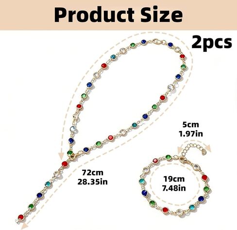 2Pcs Gold Plated Colorful Boho Rhinestone Gemstone Body Chain Jewelry Set for Women, Adjustable Y Necklace for Layering, Lightweight Statement Jewelry for Daily Wear and Special Events in Saudi Arabia