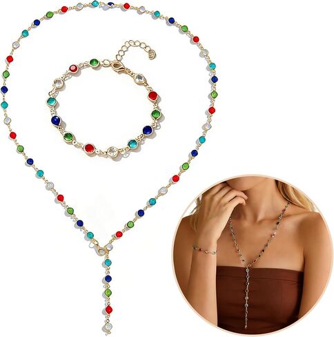 2Pcs Gold Plated Colorful Boho Rhinestone Gemstone Body Chain Jewelry Set for Women, Adjustable Y Necklace for Layering, Lightweight Statement Jewelry for Daily Wear and Special Events in Saudi Arabia