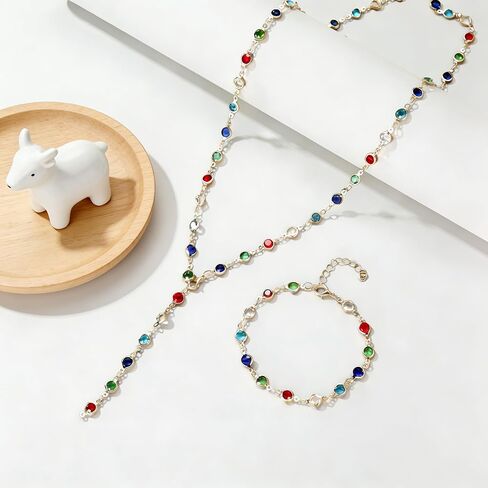 2Pcs Gold Plated Colorful Boho Rhinestone Gemstone Body Chain Jewelry Set for Women, Adjustable Y Necklace for Layering, Lightweight Statement Jewelry for Daily Wear and Special Events in Saudi Arabia