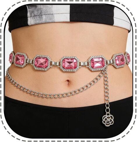 Pink Glass Diamond Chain Belt - Metal Women's Western Style Dress Belt in Saudi Arabia