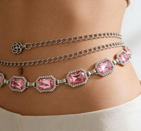 Pink Glass Diamond Chain Belt - Metal Women's Western Style Dress Belt in Saudi Arabia