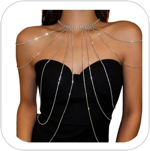Rhinestone Shoulder Chain Layered Sparkle Crystal Bridal Shoulder Neckalce Body Jewelry Statement Piece for Women Festival Rave Party Body Chain in Saudi Arabia