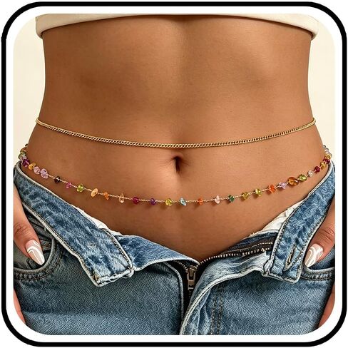 INSYOHO Waist Chain for Women - Boho Crystal waist beads Chain, 18k Gold Plated Layered Belly Body Chain Belt Dainty Jewelry Accessories for Women Mom Wife Daughter Beach Bikini Summer Festival in Saudi Arabia