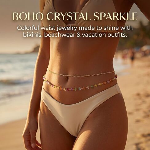 INSYOHO Waist Chain for Women - Boho Crystal waist beads Chain, 18k Gold Plated Layered Belly Body Chain Belt Dainty Jewelry Accessories for Women Mom Wife Daughter Beach Bikini Summer Festival in Saudi Arabia
