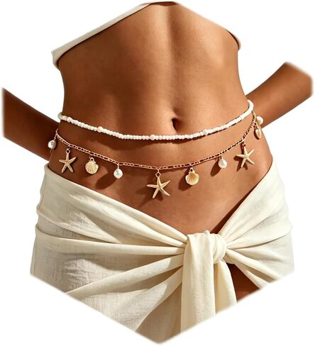2Pcs Layered Gold Belly Chain for Women - Adjustable Waist Chain with Beads, Starfish & Shell Charms, Dainty Double Layer Body Jewelry, Boho Ocean Beach Bikini Accessories for Summer Vacation in Saudi Arabia