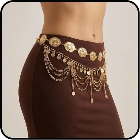 Gold Layered Waist Chain Belt for Women, Boho Coin Belly Body Chain Adjustable Metal Tassel Disc Charms Dance Beach Bikini Festival Jewelry Gifts in Kuwait