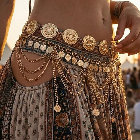 Gold Layered Waist Chain Belt for Women, Boho Coin Belly Body Chain Adjustable Metal Tassel Disc Charms Dance Beach Bikini Festival Jewelry Gifts in Kuwait