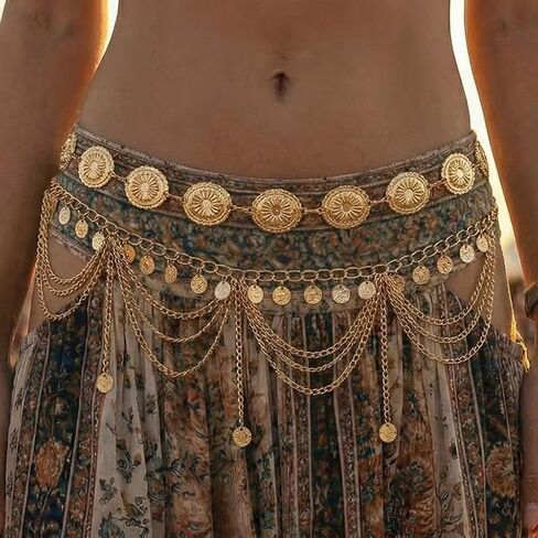 Gold Layered Waist Chain Belt for Women, Boho Coin Belly Body Chain Adjustable Metal Tassel Disc Charms Dance Beach Bikini Festival Jewelry Gifts in Kuwait