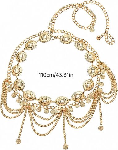 Gold Layered Waist Chain Belt for Women, Boho Coin Belly Body Chain Adjustable Metal Tassel Disc Charms Dance Beach Bikini Festival Jewelry Gifts in Kuwait