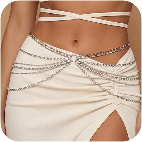 Multilayer Waist Chain Belt for Women Silver Crossover Belly Body Chain Body Chains Bikini Beach Waist Chains Cowgirl Chain Belts for Dresses Jeans Y2k Punk Gothic Accessories in Kuwait