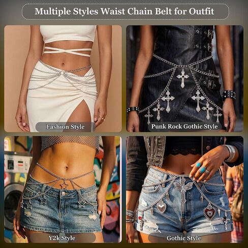 Multilayer Waist Chain Belt for Women Silver Crossover Belly Body Chain Body Chains Bikini Beach Waist Chains Cowgirl Chain Belts for Dresses Jeans Y2k Punk Gothic Accessories in Kuwait