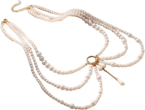Multi Layered Pearl Waist Chain Belt with Pendant Festive Rave Fashion Beach Body Jewelry Chains for Women White Pearl Tassel Hip Belly Chain Sweater Dresses Belt Party Body Accessories in Saudi Arabia