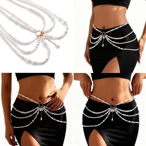 Multi Layered Pearl Waist Chain Belt with Pendant Festive Rave Fashion Beach Body Jewelry Chains for Women White Pearl Tassel Hip Belly Chain Sweater Dresses Belt Party Body Accessories in Saudi Arabia