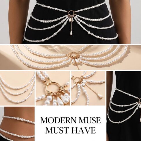 Multi Layered Pearl Waist Chain Belt with Pendant Festive Rave Fashion Beach Body Jewelry Chains for Women White Pearl Tassel Hip Belly Chain Sweater Dresses Belt Party Body Accessories in Saudi Arabia