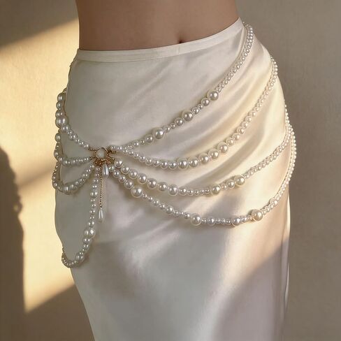Multi Layered Pearl Waist Chain Belt with Pendant Festive Rave Fashion Beach Body Jewelry Chains for Women White Pearl Tassel Hip Belly Chain Sweater Dresses Belt Party Body Accessories in Saudi Arabia