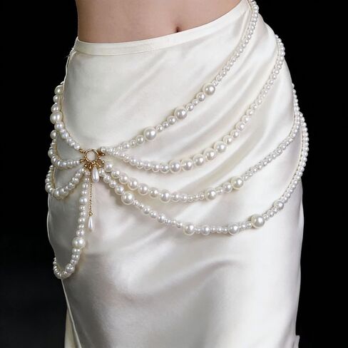 Multi Layered Pearl Waist Chain Belt with Pendant Festive Rave Fashion Beach Body Jewelry Chains for Women White Pearl Tassel Hip Belly Chain Sweater Dresses Belt Party Body Accessories in Saudi Arabia