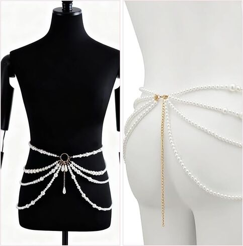 Multi Layered Pearl Waist Chain Belt with Pendant Festive Rave Fashion Beach Body Jewelry Chains for Women White Pearl Tassel Hip Belly Chain Sweater Dresses Belt Party Body Accessories in Saudi Arabia