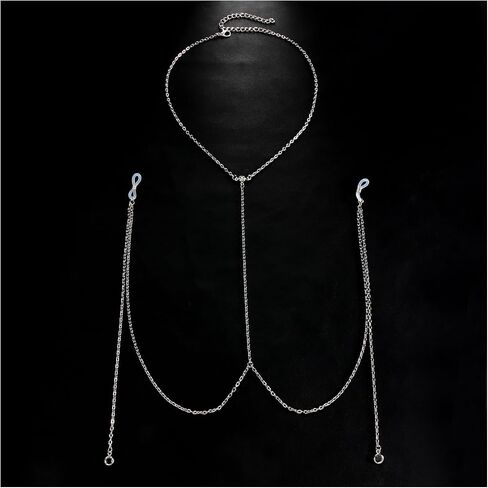 Silver Metal Chest Chain with Non Piercing Nipple Jewelry Bikini Tassel Bra Body Chain Festival Rave Outfit Nipple Body Jewelry for Women in Kuwait