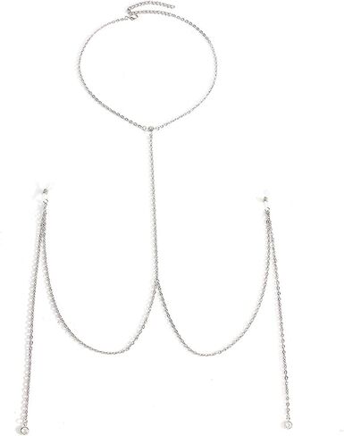 Silver Metal Chest Chain with Non Piercing Nipple Jewelry Bikini Tassel Bra Body Chain Festival Rave Outfit Nipple Body Jewelry for Women in Kuwait