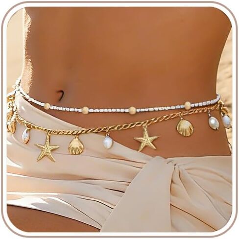 Gold Starfish Pearl Waist Chain for Women - 2Pcs Mermaid Body Chain Jewelry Beach Accessories, Adjustable Seashell Beaded Belly Chain & Belts for Bikini Summer Vacation in Kuwait