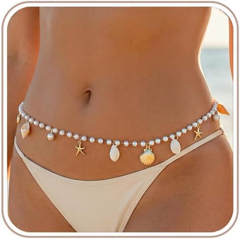 Gold Starfish Pearl Waist Chain for Women - 2Pcs Mermaid Body Chain Jewelry Beach Accessories, Adjustable Seashell Beaded Belly Chain & Belts for Bikini Summer Vacation in Kuwait