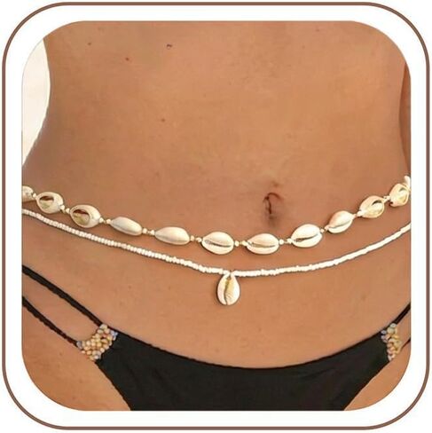 Gold Starfish Pearl Waist Chain for Women - 2Pcs Mermaid Body Chain Jewelry Beach Accessories, Adjustable Seashell Beaded Belly Chain & Belts for Bikini Summer Vacation in Kuwait