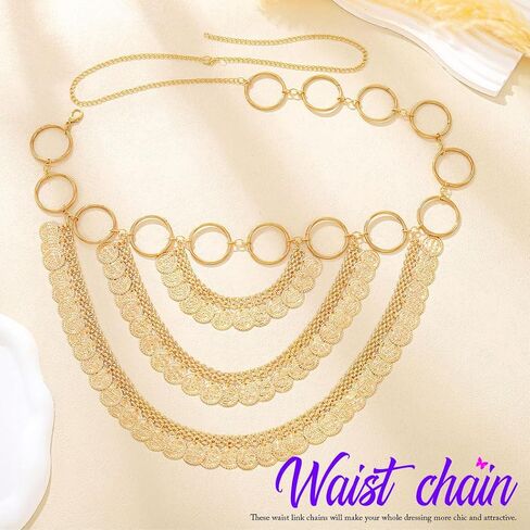 REETAN Gold Coin Waist Chain Belt Rave Fashion Layered Body Accessories for Women in Kuwait