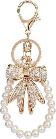 White Rhinestone Bowknot Keychain with Imitation Pearl Chain, Sparkly Bow Purse Charm Bag Accessories for Women Handbags Backpacks Wallets in Saudi Arabia