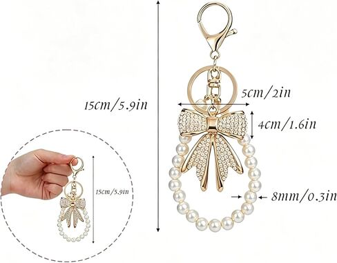 White Rhinestone Bowknot Keychain with Imitation Pearl Chain, Sparkly Bow Purse Charm Bag Accessories for Women Handbags Backpacks Wallets in Saudi Arabia