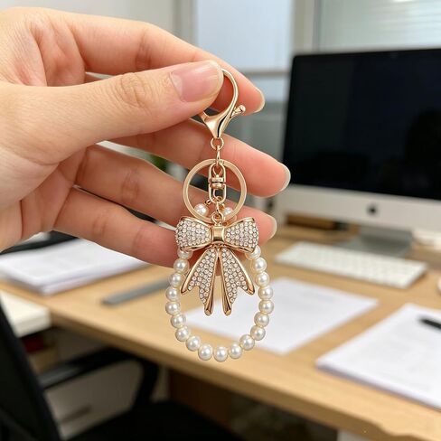 White Rhinestone Bowknot Keychain with Imitation Pearl Chain, Sparkly Bow Purse Charm Bag Accessories for Women Handbags Backpacks Wallets in Saudi Arabia