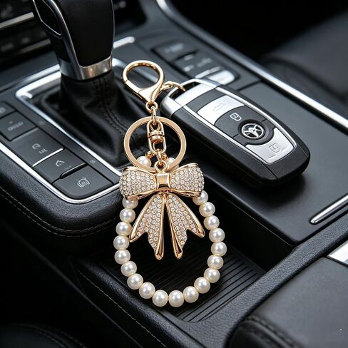 White Rhinestone Bowknot Keychain with Imitation Pearl Chain, Sparkly Bow Purse Charm Bag Accessories for Women Handbags Backpacks Wallets in Saudi Arabia