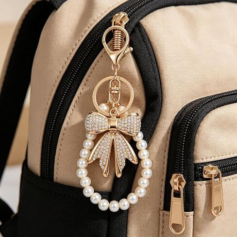 White Rhinestone Bowknot Keychain with Imitation Pearl Chain, Sparkly Bow Purse Charm Bag Accessories for Women Handbags Backpacks Wallets in Saudi Arabia