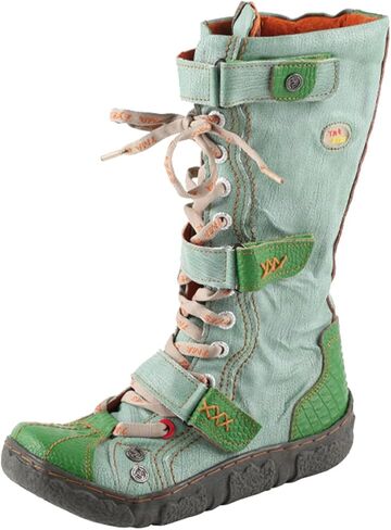 TMA EYES Women's Wide Calf Mid Calf Leather Boots Side Zipper Flat Outdoor Booties with Retro Vintage Style in Kuwait