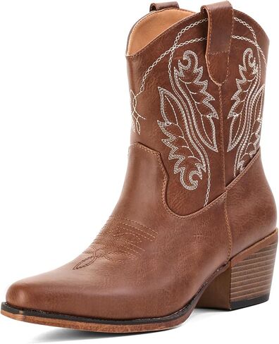 IXU Cowboy Boots for Women Ankle Western Cowgirl Boots | Embroidered Mid Calf Snip Toe Chunky Heel Classic Short Booties for Music Festivals Casual Cowboy Chic in Saudi Arabia