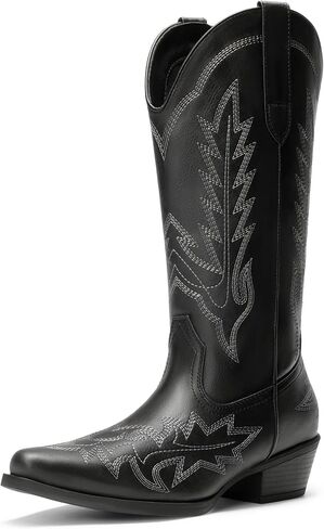DREAM PAIRS Cowboy Boots for Women Cowgirl Mid Calf Boots Pointed Toe Embroidered Western Boots Chunky Low Heel for Country Music Festivals Theme Party and Concert in Kuwait