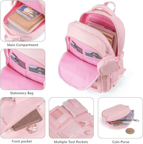 Girls Backpack for School, Cute Pink Purple Backpack for Girls Ages 6-12, Kids Bookbag with Clear Pocket, Lightweight Durable Light Pink in Saudi Arabia