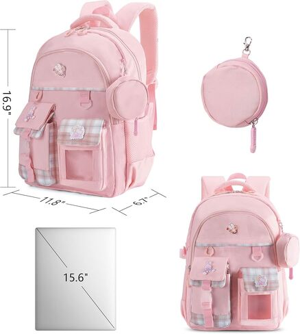 Girls Backpack for School, Cute Pink Purple Backpack for Girls Ages 6-12, Kids Bookbag with Clear Pocket, Lightweight Durable Light Pink in Saudi Arabia