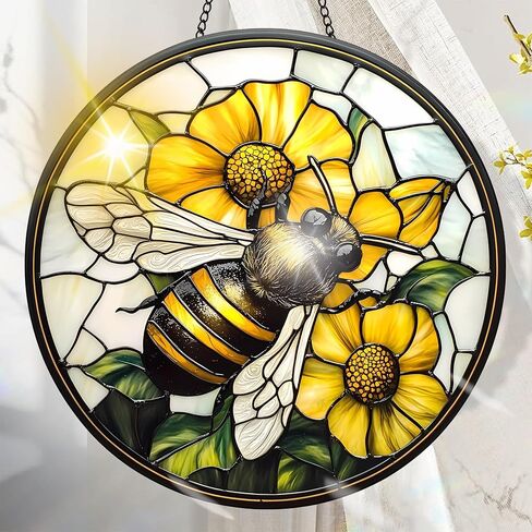 Colorful Acrylic Suncatcher, Bee Hanging Window Decor with Printed Stained Glass Style Design Sun Catcher, Rainbow Maker Wall Art, Gift Idea & Garden Ornament Indoor Outdoor Use 7.8 x 7.8 inch in Kuwait